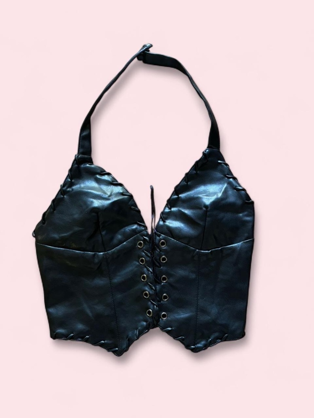 Dolls Kill Black Leather Lace-Up Halter Top